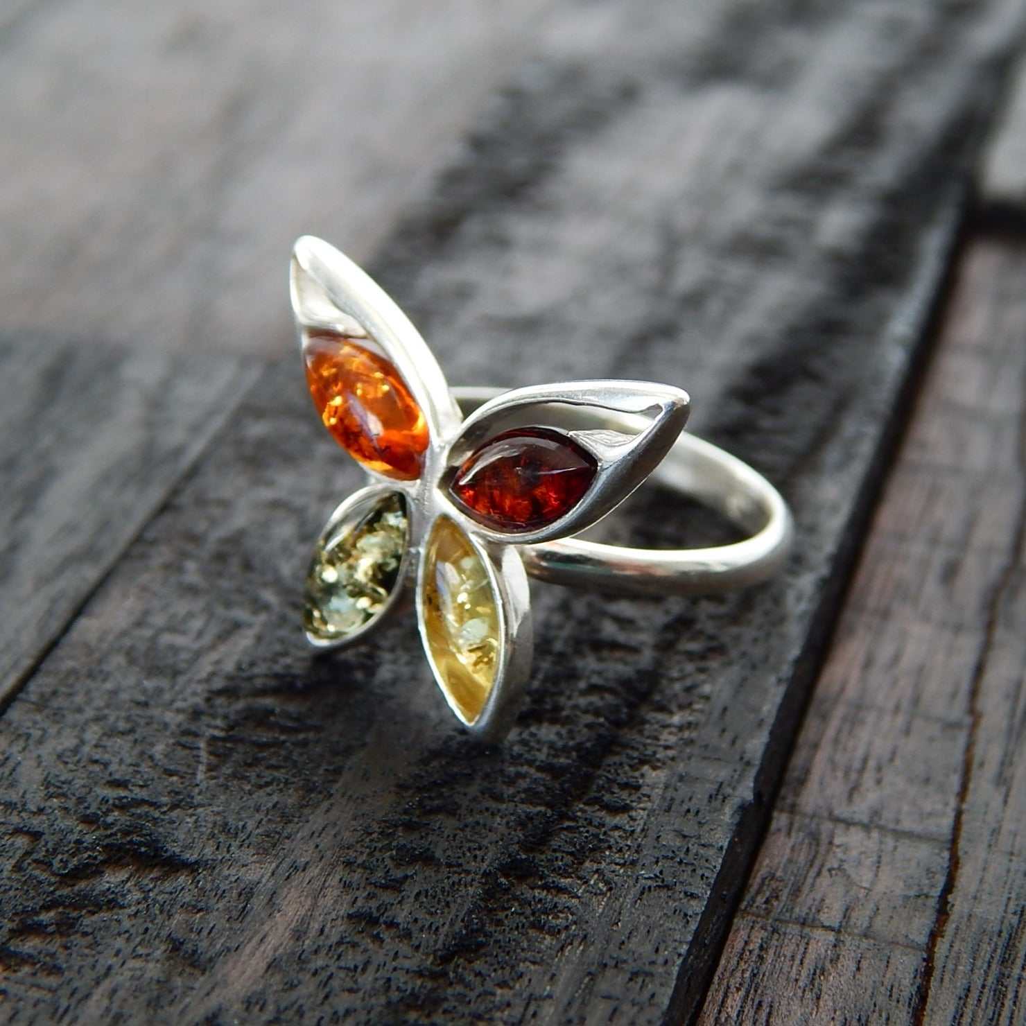 Natural Baltic Multicolor Amber Butterfly Adjustable Ring - Jūratė Amber