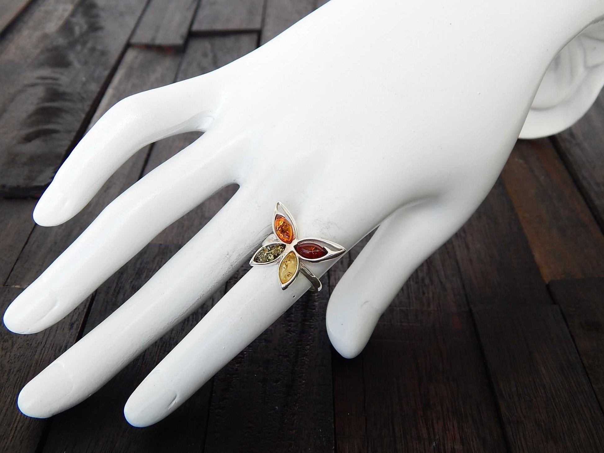 Natural Baltic Multicolor Amber Butterfly Adjustable Ring - Jūratė Amber