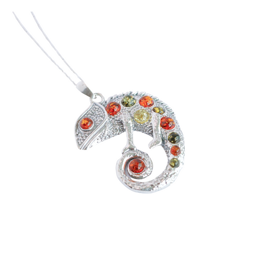 Natural Baltic Multicolor Amber Chameleon Pendant Necklace in 925 Sterling Silver - Jūratė Amber Pendant Necklaces  Jūratė Amber