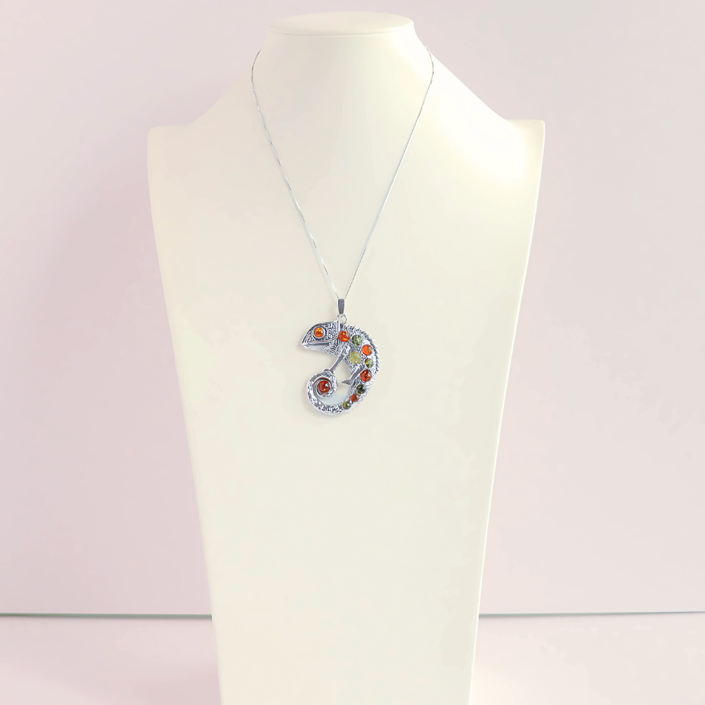 Natural Baltic Multicolor Amber Chameleon Pendant Necklace in 925 Sterling Silver - Jūratė Amber Pendant Necklaces  Jūratė Amber