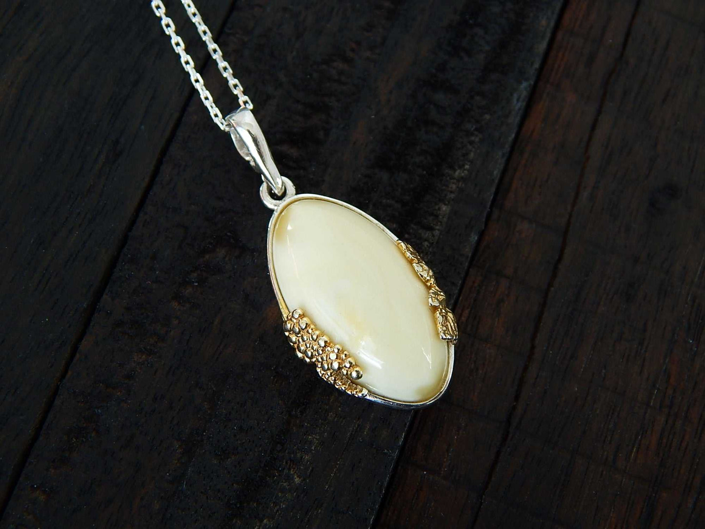 Natural Baltic White Amber 14K Gold Plated Grape Leaf Design Necklace - Jūratė Amber