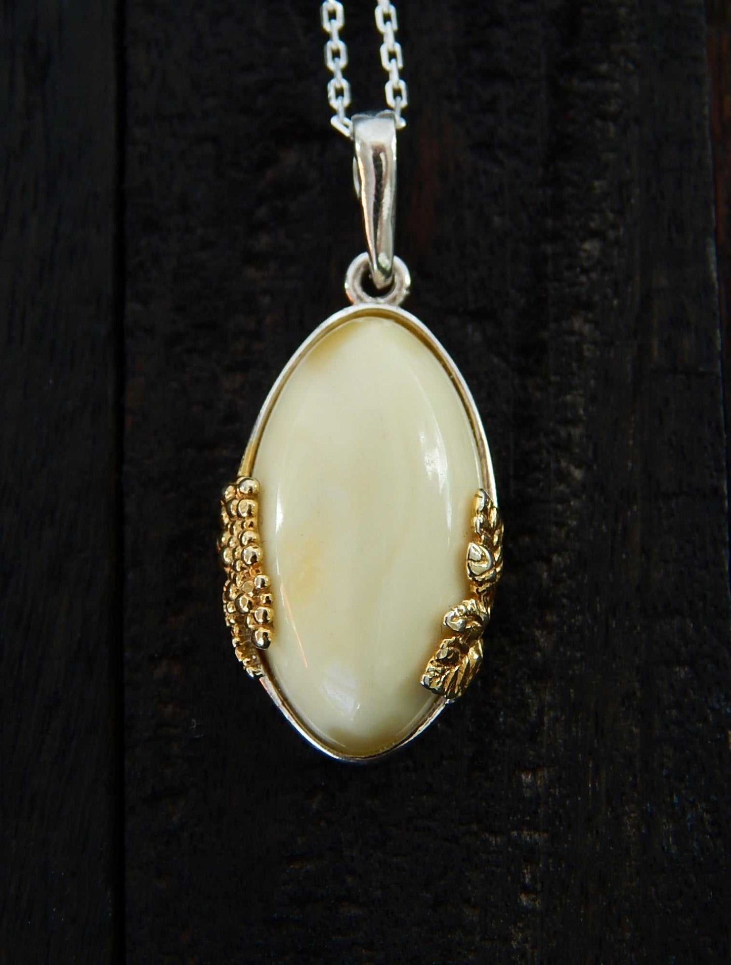 Natural Baltic White Amber 14K Gold Plated Grape Leaf Design Necklace - Jūratė Amber