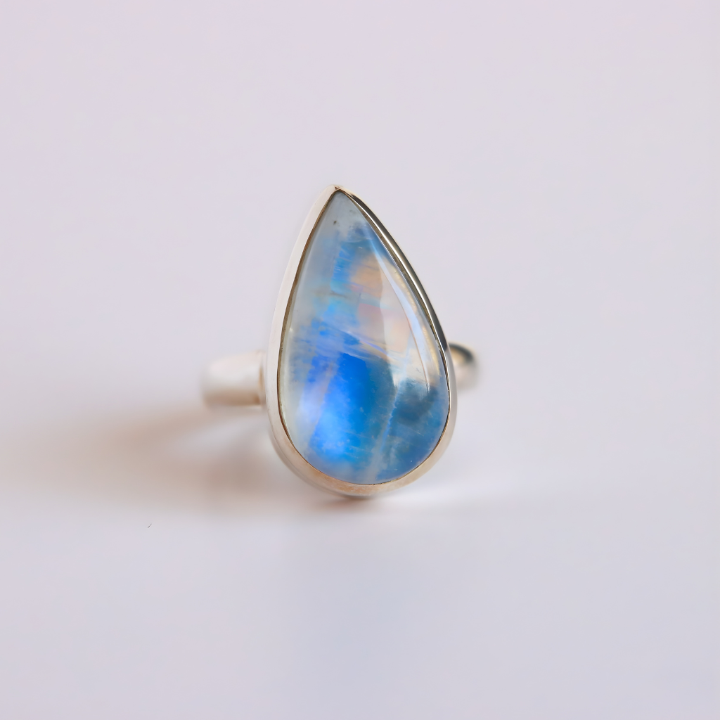 moonstone Ring with a teardrop-shaped blue gemstone on a light gray background