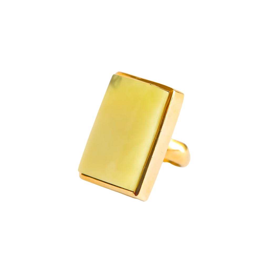 Rare Baltic butterscotch lime amber gold statement ring in 14k gold plated silver, adjustable size.