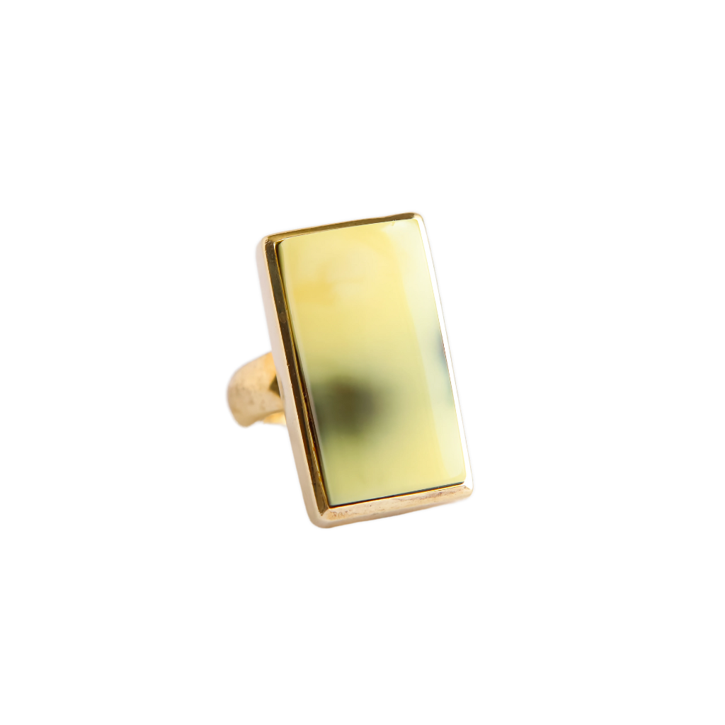 Rare Butterscotch Lime Baltic Amber Ring in 14K Gold Plated Sterling Silver, showcasing a rectangular-cut stone with dark green inclusions and an adjustable band.