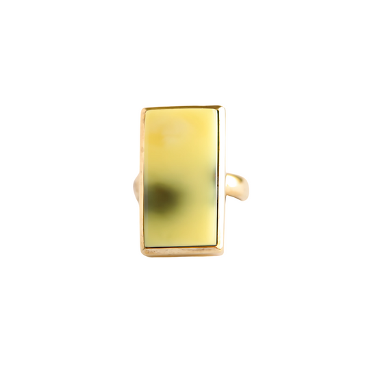 Rare Butterscotch Lime Baltic Amber Ring in 14K gold plated sterling silver, large rectangular stone with dark green inclusions.