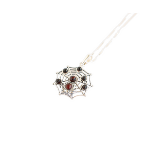 Red Velvet Amber Spiderweb Pendant Necklace in 925 Sterling Silver