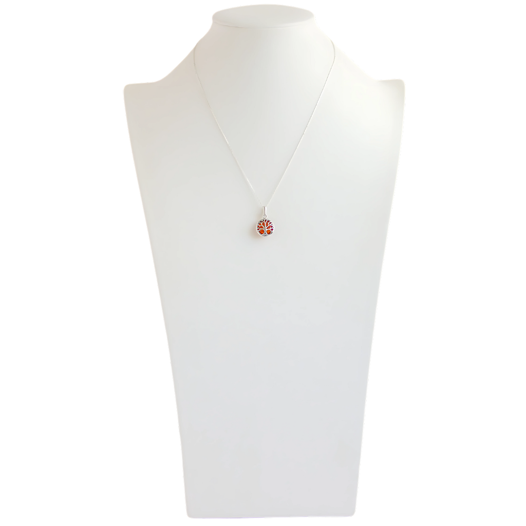 Lemon amber Sleepy Hallow tree pendant necklace in sterling silver on display bust.