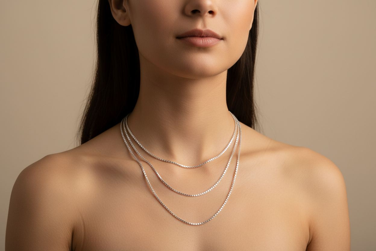 model wearing sterling silver 16, 18, 20 inch box chain necklace on neutral background