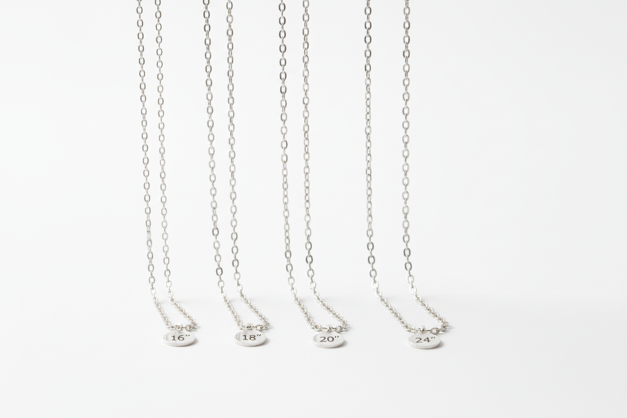 Sterling Silver Cable Chains at different lengths on white background