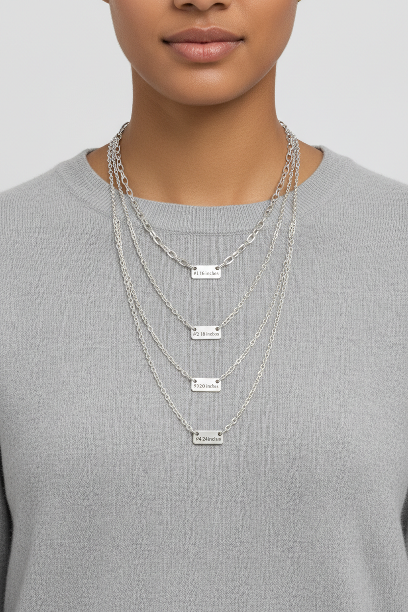 model wearing 4 sterling silver chains full length 16, 18, 20, 24 inch lengths.