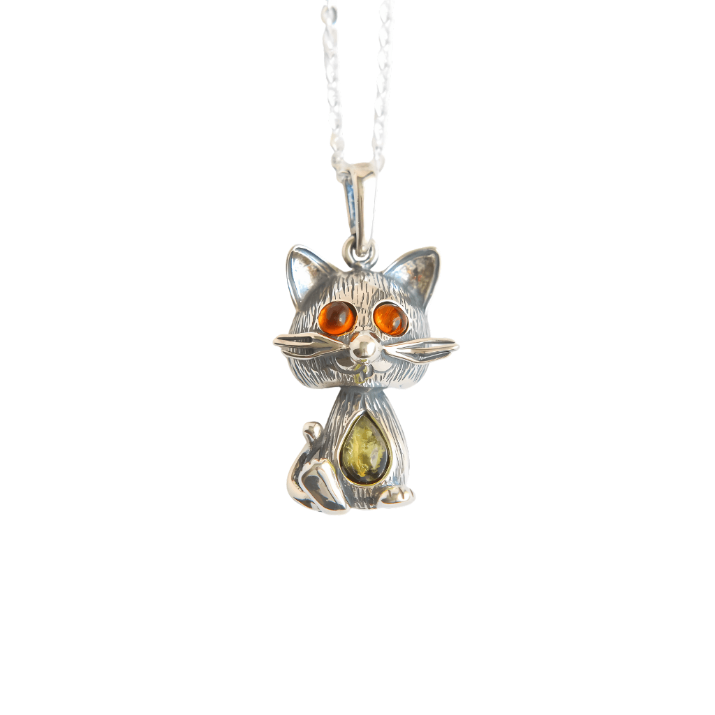 Sterling Silver Cat Pendant with Amber Eyes on 16" Chain featuring Baltic green amber belly and cognac amber eyes. Unique feline charm for jewelry lovers.