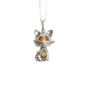 Sterling Silver Kitty Pendant with Baltic Amber Eyes – 16" Chain