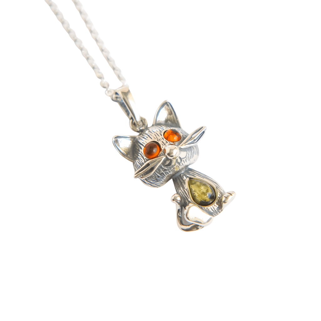 Sterling Silver Cat Pendant with Amber Eyes on 16-inch chain, featuring Baltic green and cognac amber in a whimsical feline design.