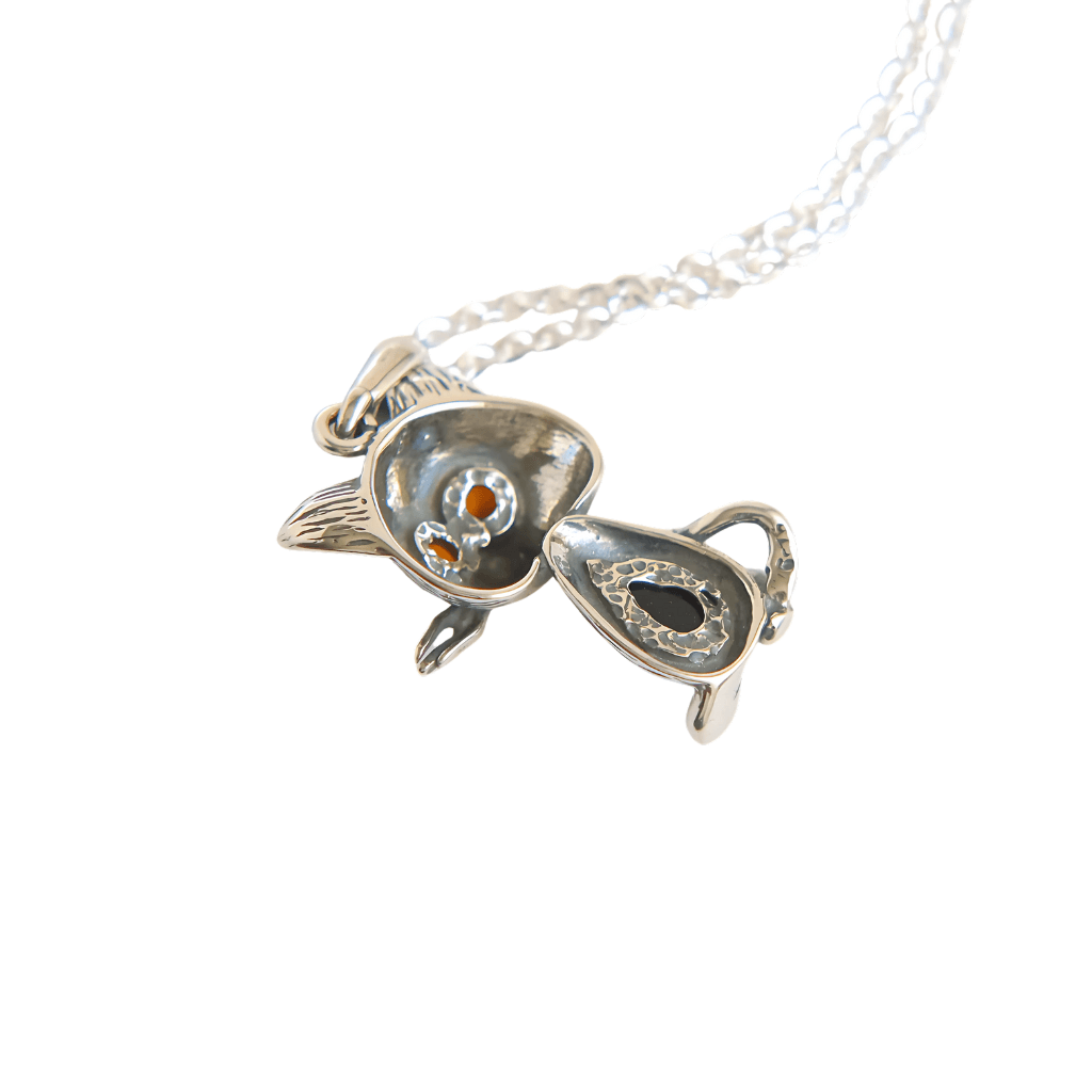 Sterling Silver Cat Pendant with Amber Eyes on 16-inch chain, featuring detailed feline design and Baltic amber inlays for a charming jewelry piece.