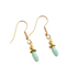 Teal glass earrings with gold plating by Alexis Cintron, handmade, dainty and stylish.