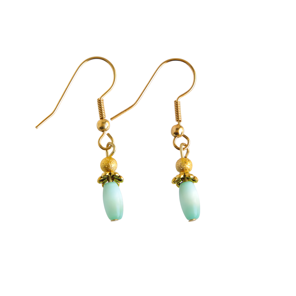 Teal glass earrings with gold-plated hooks, handmade by Alexis Cintron.