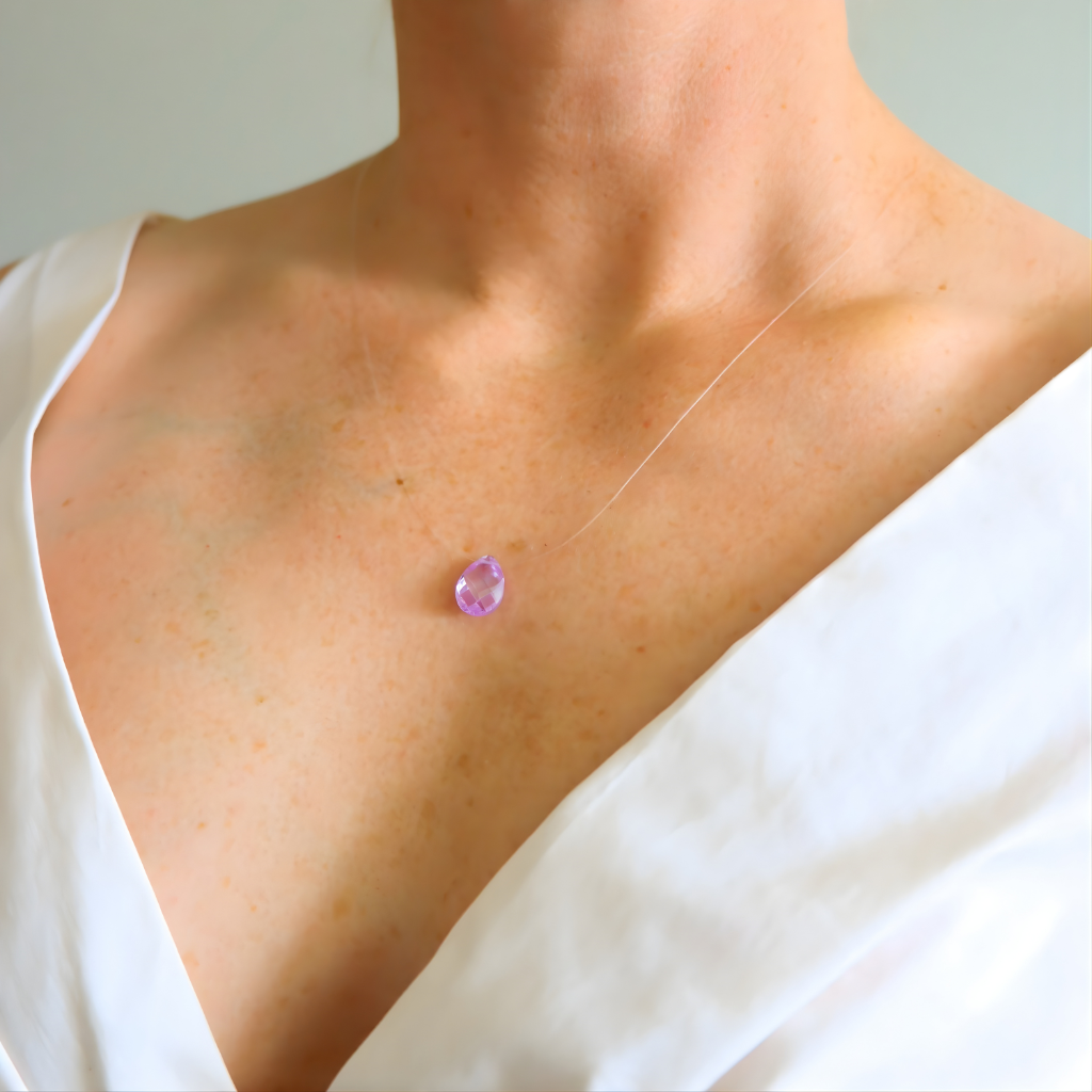 amethyst Necklace with a purple gemstone worn by a person in a white top.