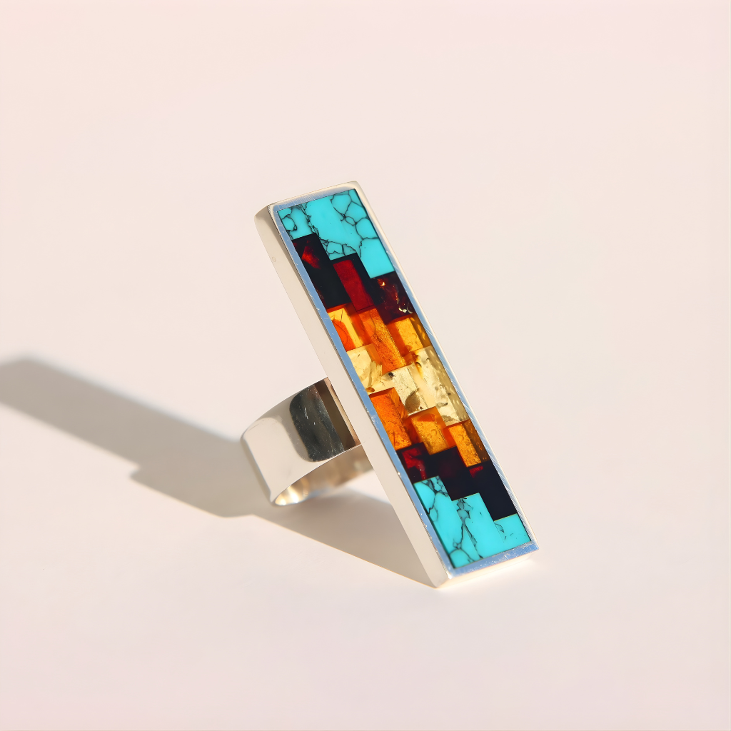 Amber Ring with colorful geometric design on a light background