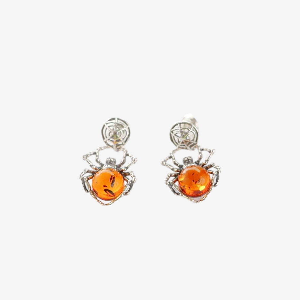 Baltic Amber Spider Stud Earrings in 925 Sterling Silver