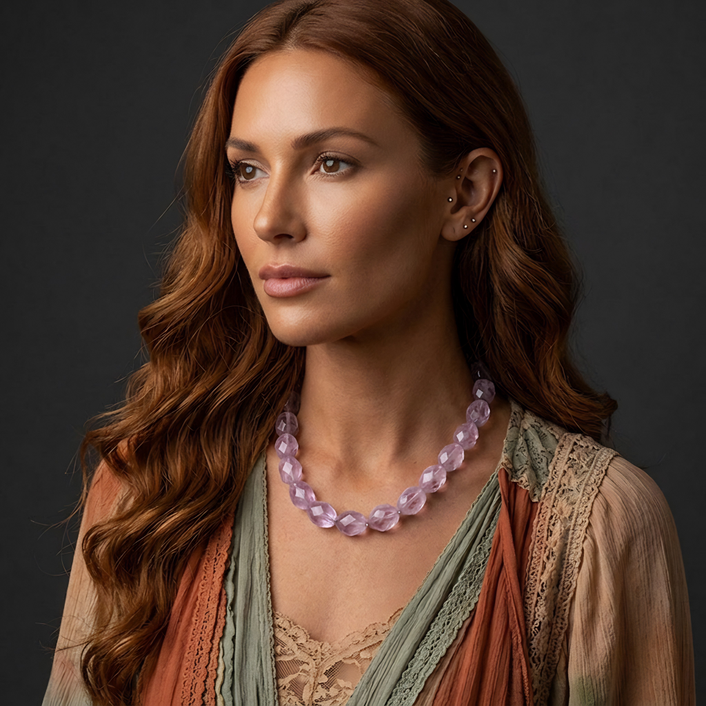 Amethyst Choker Necklace on woman with dark background