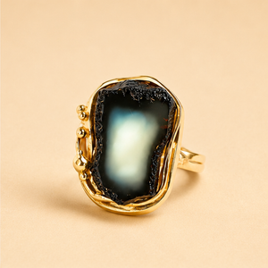 Baltic Black and White Amber Ring in Gold Plated Sterling Silver