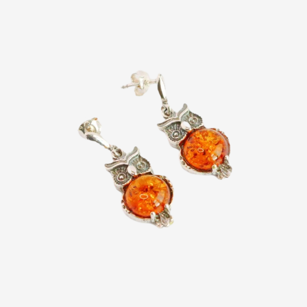 Cute Baltic Amber Owl Earrings in 925 Sterling Silver