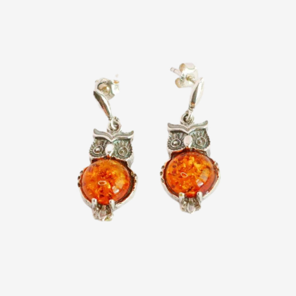 Cute Baltic Amber Owl Earrings in 925 Sterling Silver