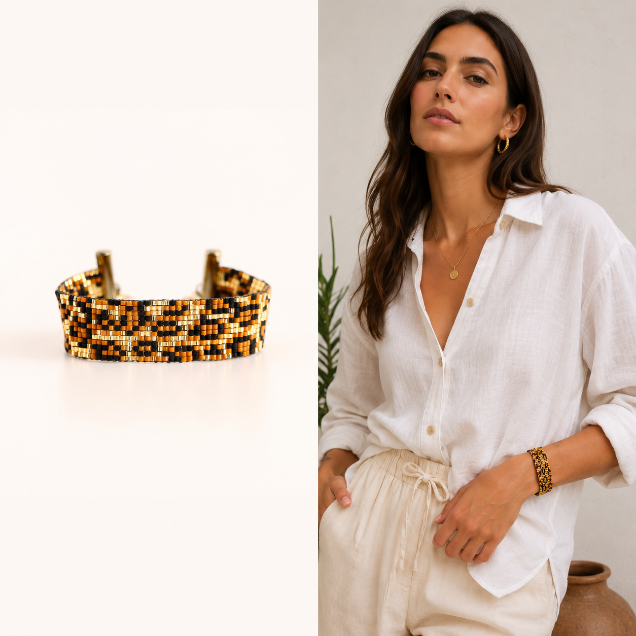 leopard print bracelet on white background and on model in white shirt