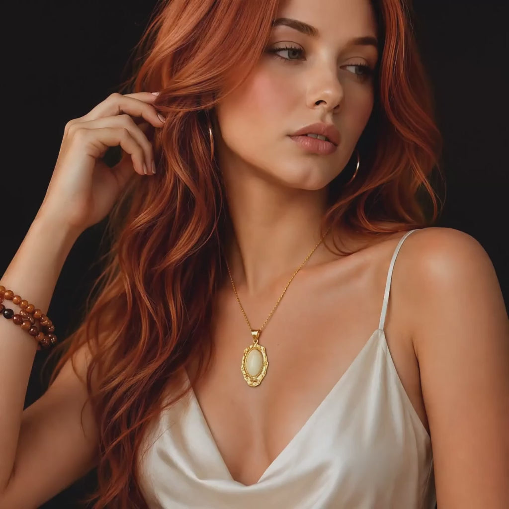 gold pendant amber necklace on model with black background