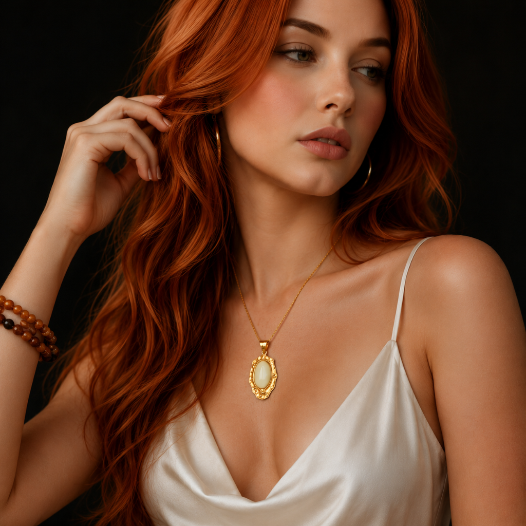 gold pendant amber necklace on model with black background