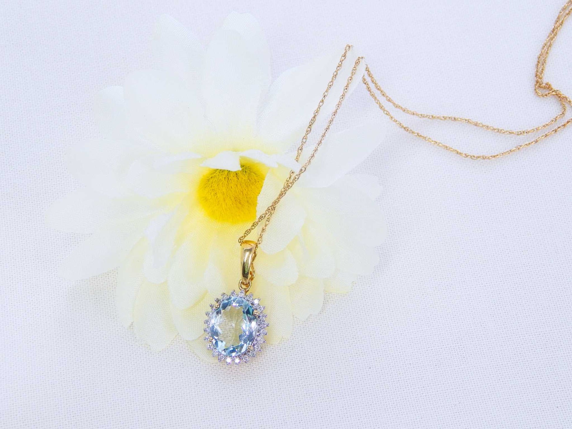 14K Yellow Gold Aquamarine Pendant with Diamond Halo and 22-inch Chain