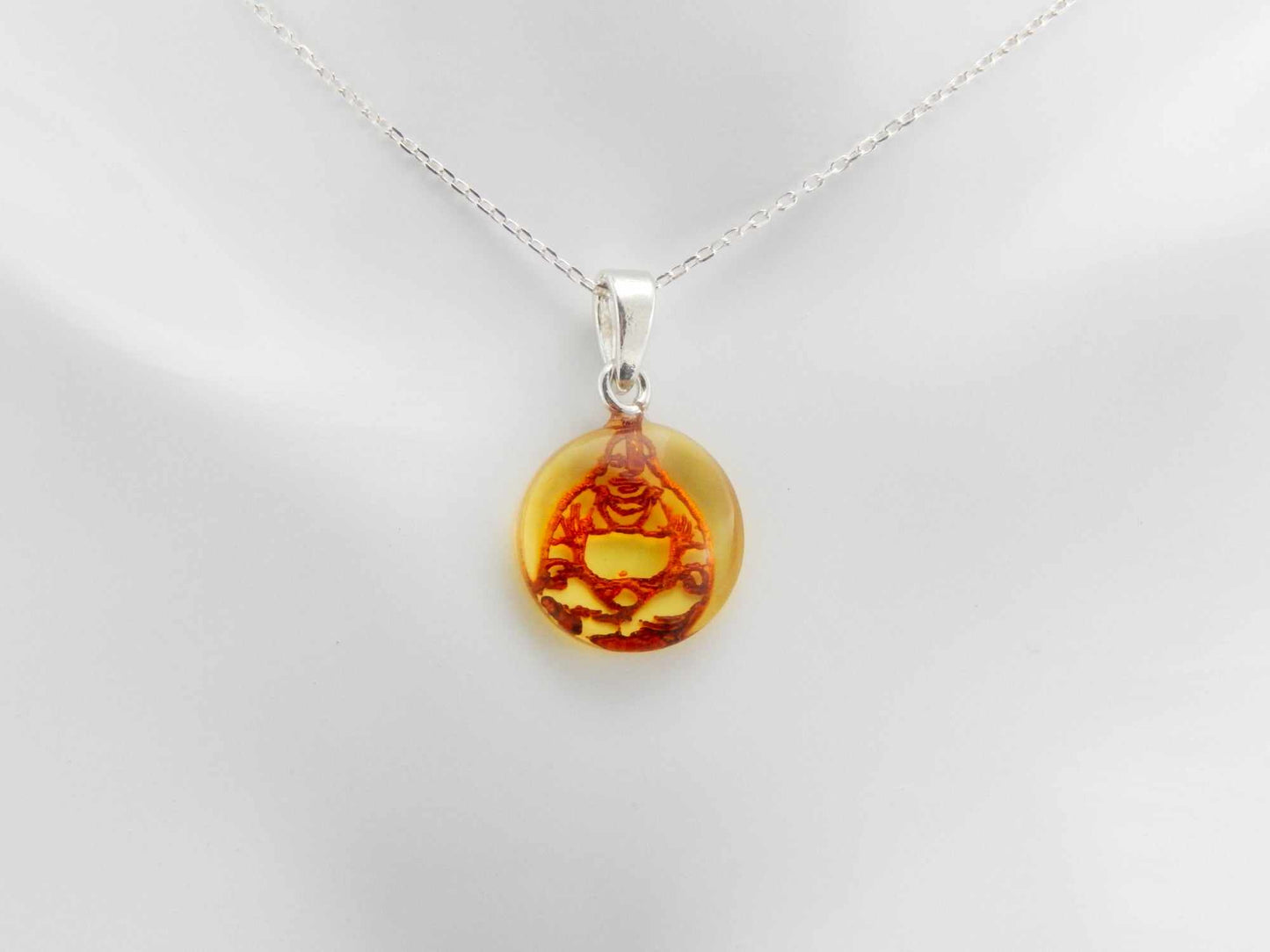 Natural Baltic Citrine Amber Tiny Buddha Pendant Choker on Silver Chain