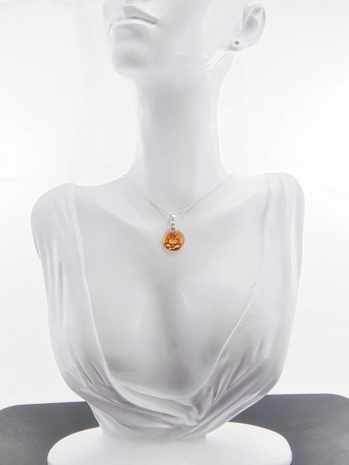 Natural Baltic Citrine Amber Tiny Buddha Pendant Choker on mannequin bust.