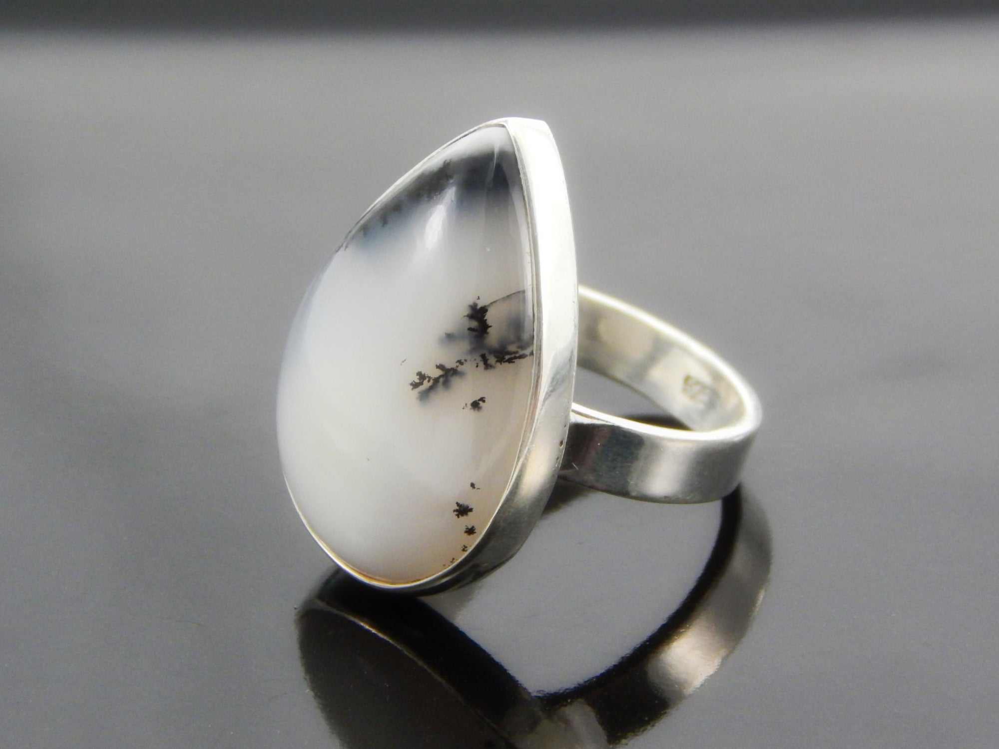 Natural Dendritic Opal Pear Cut Ring in 925 Silver