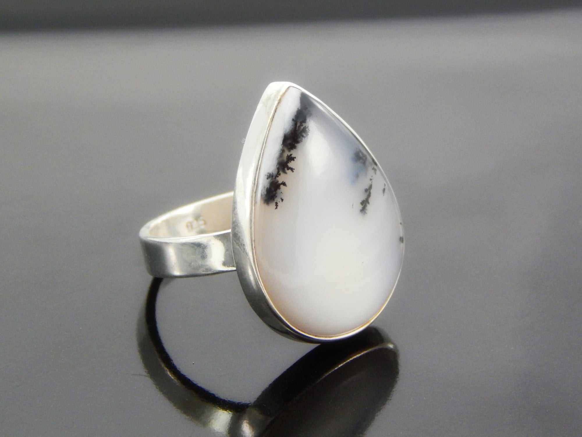 Natural Dendritic Opal Pear Cut Ring in 925 Silver