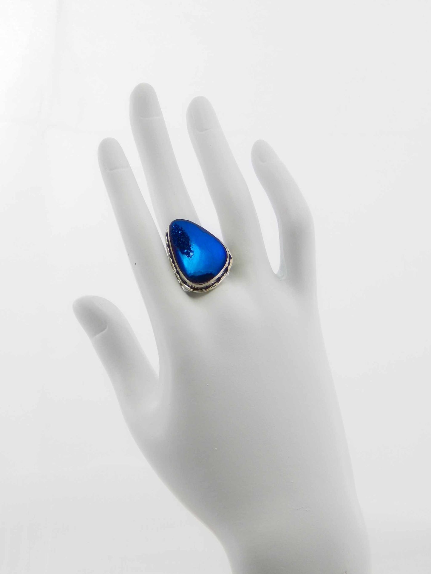 Genuine Hand Painted Royal Blue Druzy Ring in 925 Silver