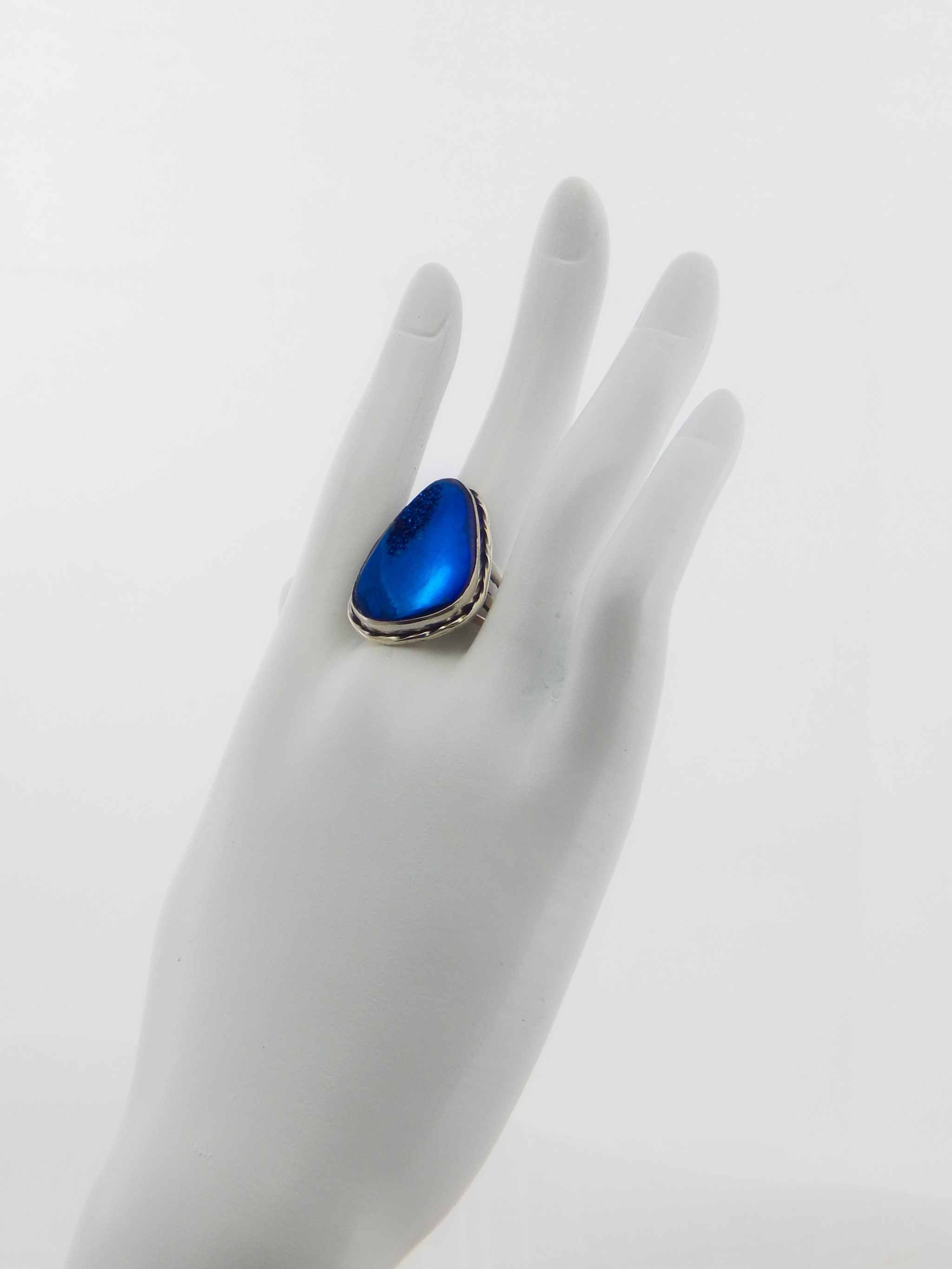 Genuine Hand Painted Royal Blue Druzy Ring in 925 Silver