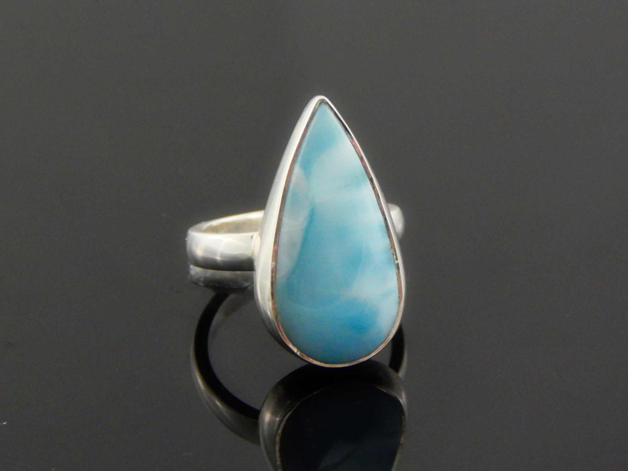 Natural Pear Cut Larimar Adjustable Ring in 925 Silver