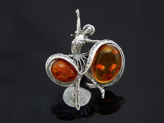 Natural Cognac Baltic Amber Ballerina Brooch in 925 Sterling Silver