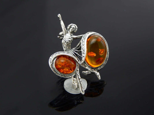 Natural Cognac Baltic Amber Ballerina Brooch in 925 Sterling Silver