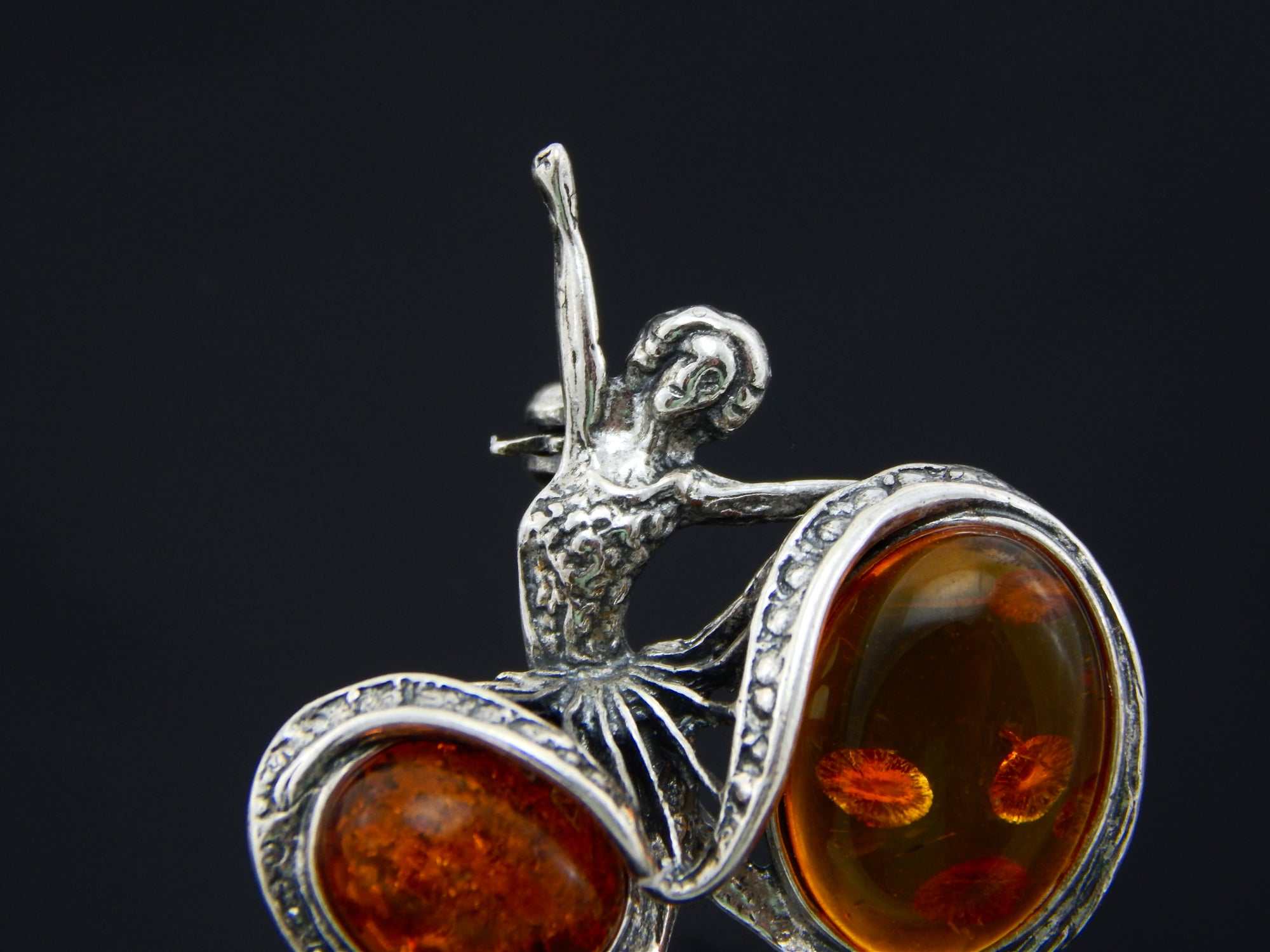 Natural Cognac Baltic Amber Ballerina Brooch in 925 Sterling Silver