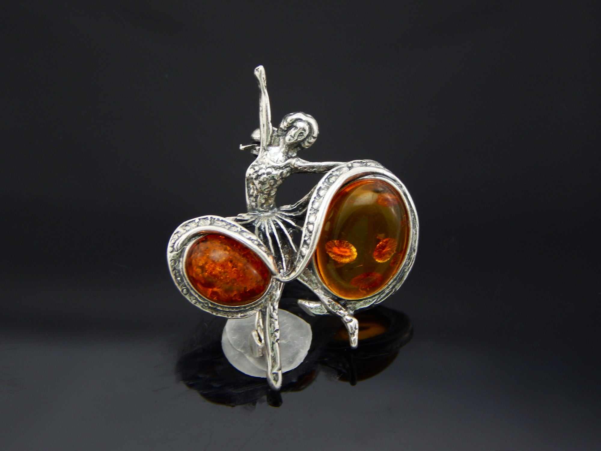 Natural Cognac Baltic Amber Ballerina Brooch in 925 Sterling Silver