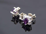 Genuine Purple Amethyst Cushion Cut Stud Earrings in 925 Sterling Silver