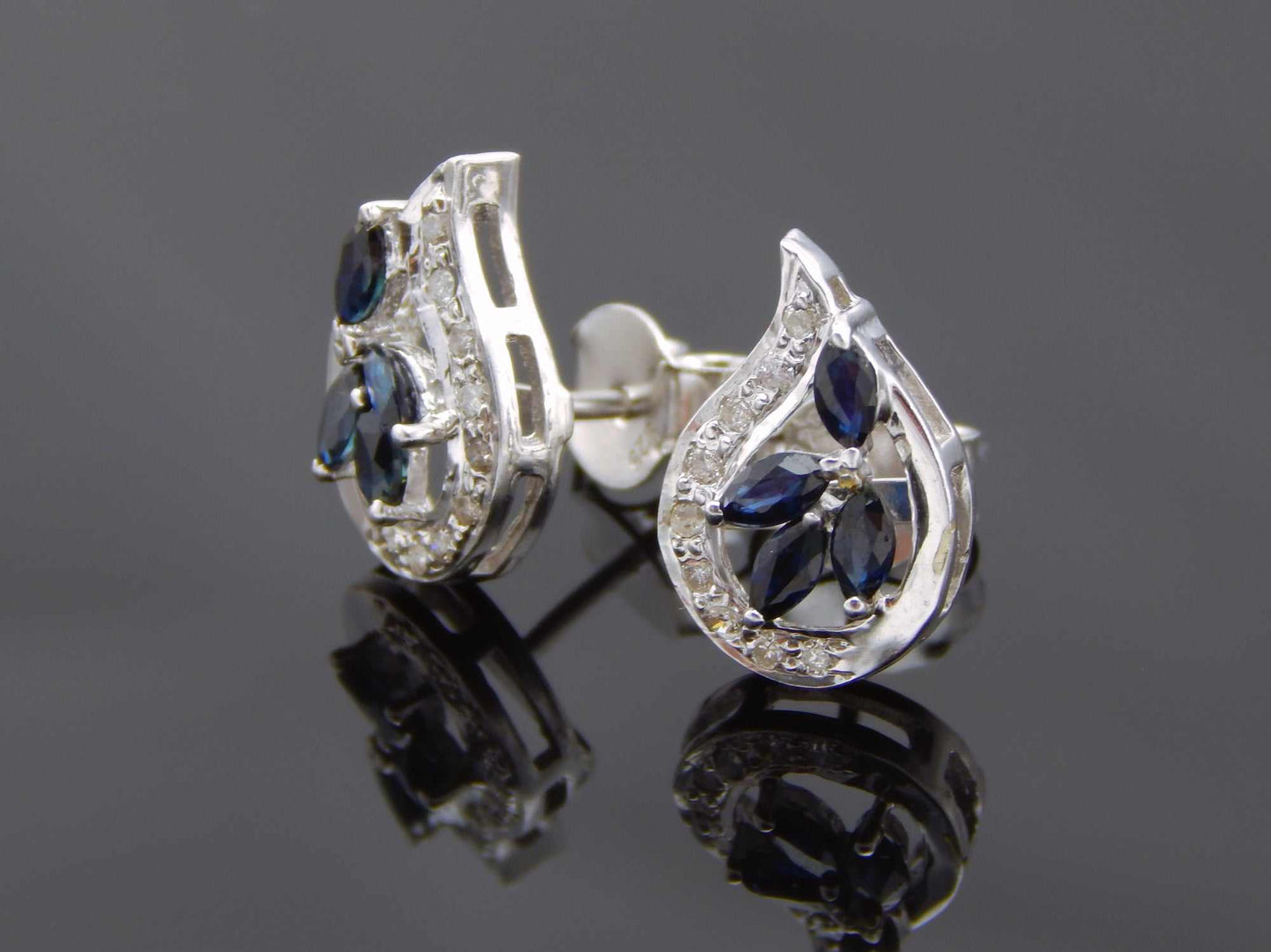 Genuine Blue Sapphire and Diamond Earrings in 925 Sterling Silver