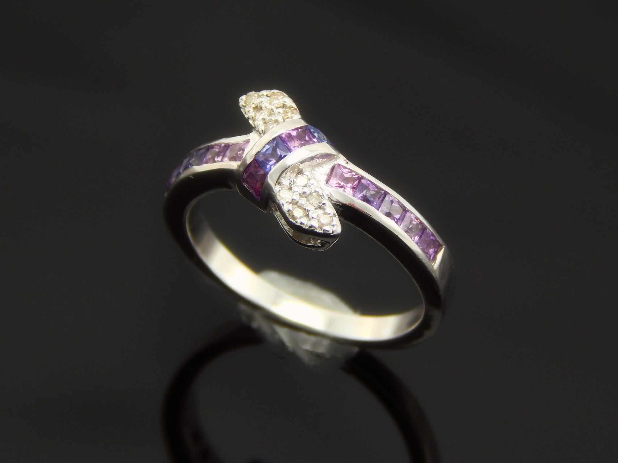 Genuine Pink and Purple Sapphire Love Knot Ring in 925 Sterling Silver