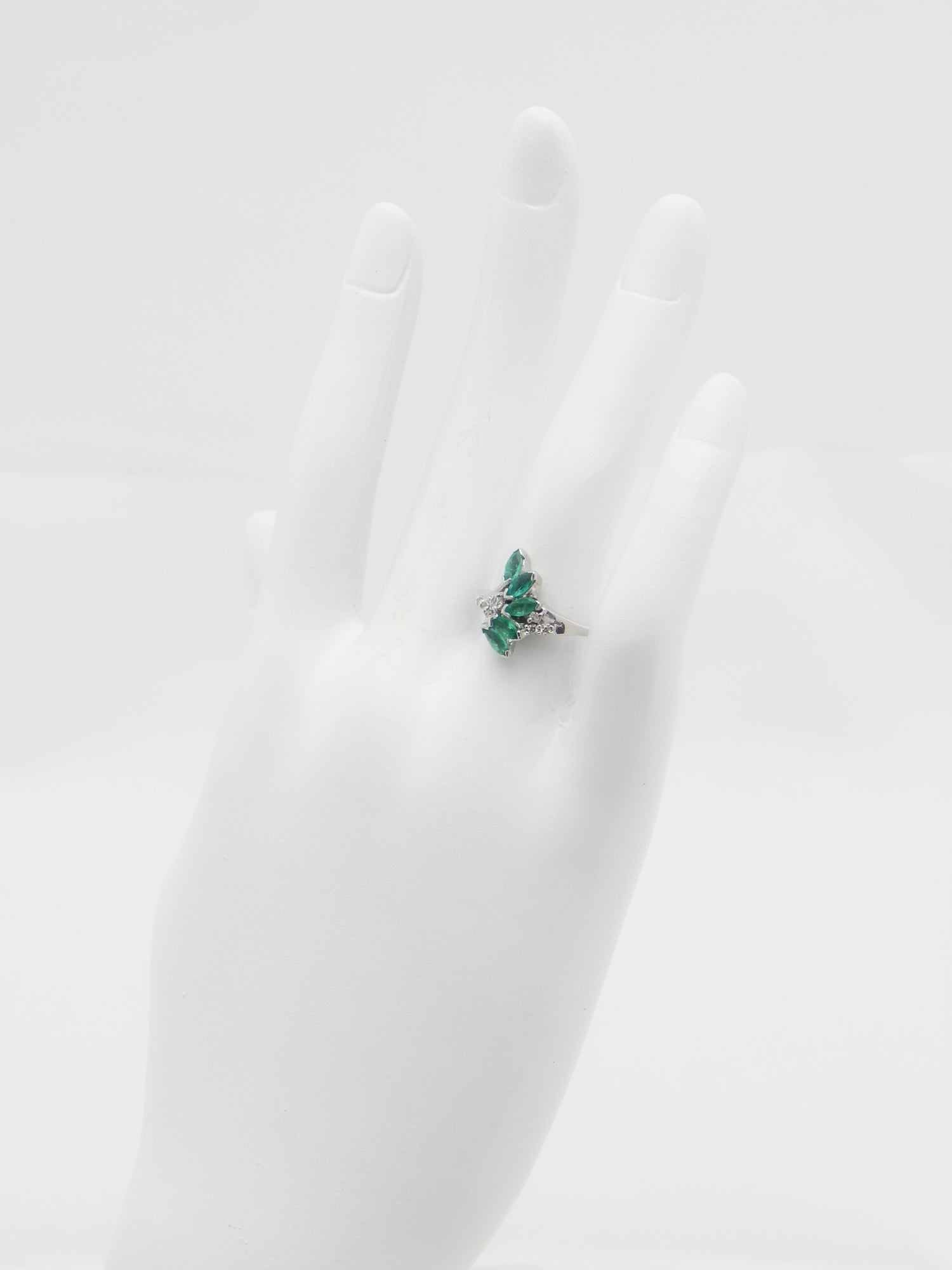 Genuine Emerald and Diamond Leaf Ring in 925 Silver