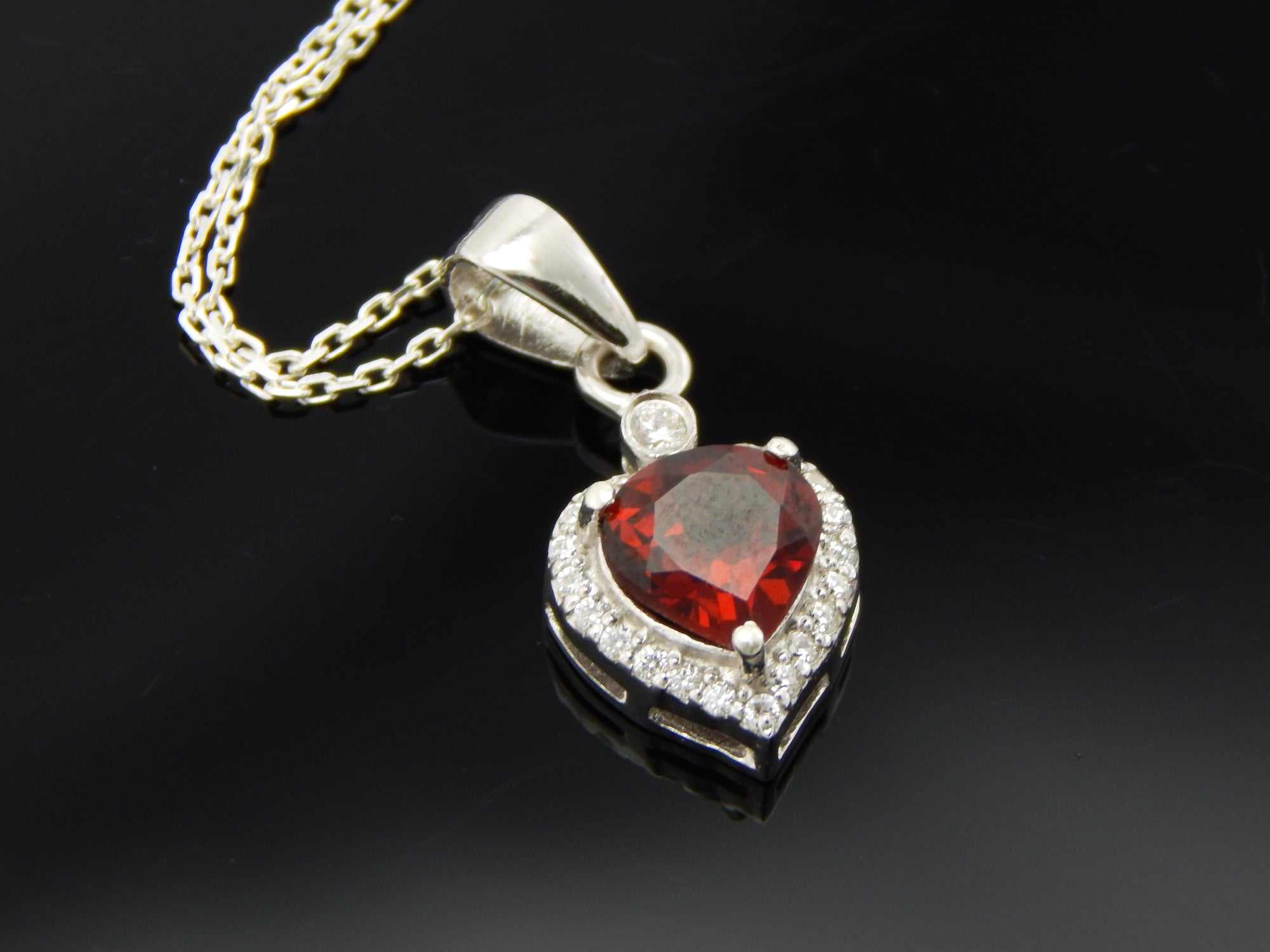 Natural Garnet and Diamond Heart Necklace in 925 Sterling Silver