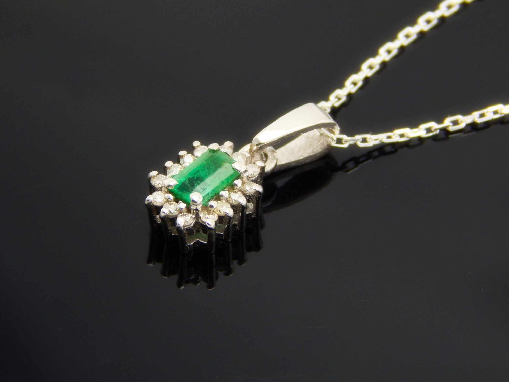 Emerald and Diamond Pendant Necklace in 925 Sterling Silver