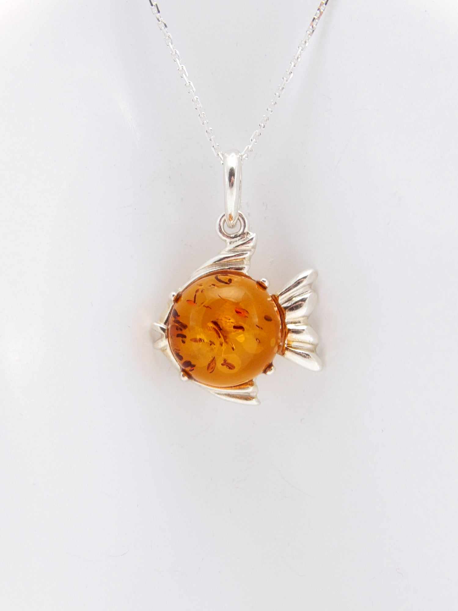 Natural Baltic Cognac Amber Tiny Fish Pendant in 925 Sterling Silver